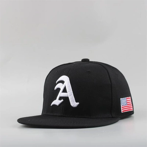 Black cotton flat brim baseball cap with gothic A embroidery and USA flag patch