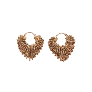 Handcrafted rose gold heart-shaped beaded earrings with brown crystal details in wave design