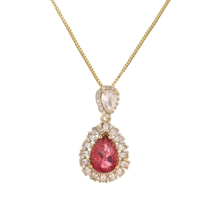 Elegant gold double layer necklace with pear-shaped pink gemstone and pavé diamonds