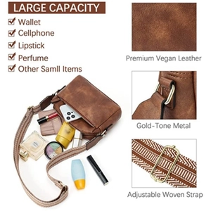 Detail view of brown vegan leather crossbody bag with gold hardware and woven strap