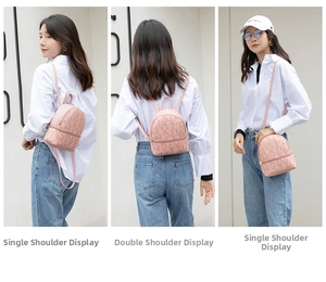 Three-way carry demonstration of pink mini backpack with embossed lucky patterns