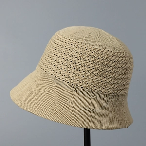 Macro detail of breathable hollow knit pattern on beige wide brim sun hat