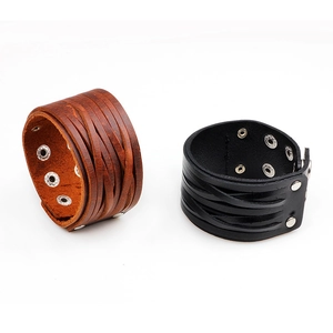 Punk style wide leather bracelets for men in black and brown with metal snap buttons