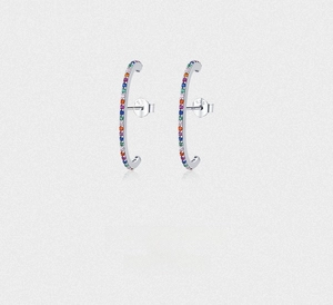 Close-up of S925 silver hoop earrings featuring colorful round-cut cubic zirconia stones