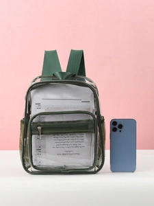 Close-up of clear PVC backpack featuring green trim and mesh side pocket detail