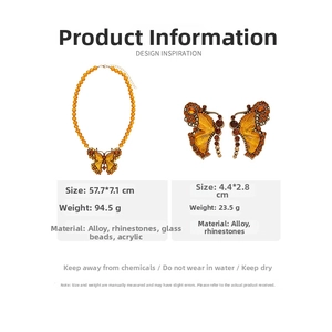 Detailed view of amber butterfly jewelry set with beads, dimensions and materials