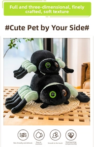Detailed plush spider dolls with green legs and sequined eyes on a wooden table