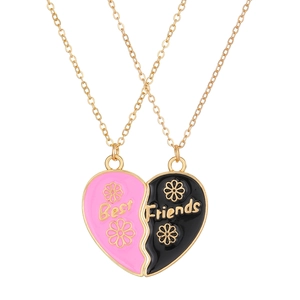 Friendship heart necklace set in pink and black enamel with gold Best Friends lettering