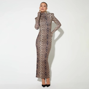 Elegant leopard print long sleeve maxi dress with a turtleneck and slim fit silhouette