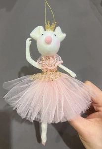Close-up of mouse ornament in pink sequin tulle tutu and golden crown detail