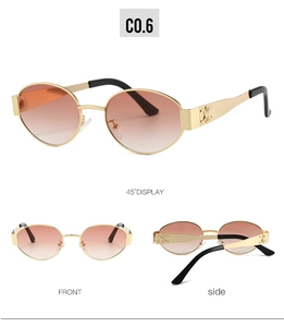 Detailed views of gold metal oval sunglasses with gradient lenses and embossed logo