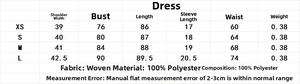 Größentabelle für Damen-Minikleid in Ballonform mit Maßen in CM und Materialinformationen