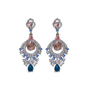 French vintage fan-shaped drop earrings with colorful rhinestones and silver pins