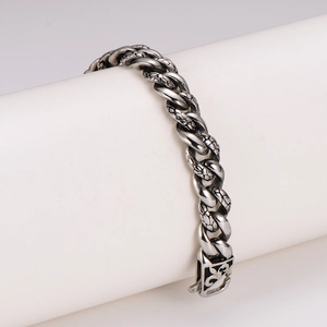 Vintage stainless steel woven chain bracelet for men with retro hip-hop silver finish