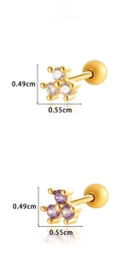 Detail of three-stone cluster stud earrings with zircon inlay and screw ball back