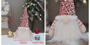 Pink sequin Christmas gnome plush doll detail view, fluffy white beard, festive holiday decor.