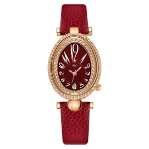 Montre femme ovale à quartz avec bracelet en cuir rouge et lunette en strass dorée