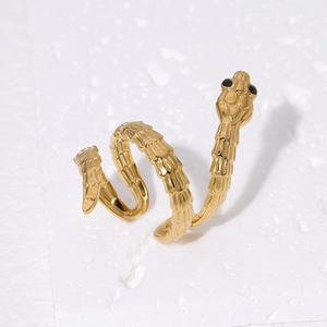 Snake wrap ring in 18K gold-plated stainless steel with black stone eyes and scale texture