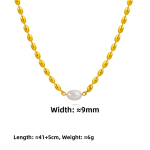 Detailed size specifications for a gold bead necklace with an oval freshwater pearl pendant