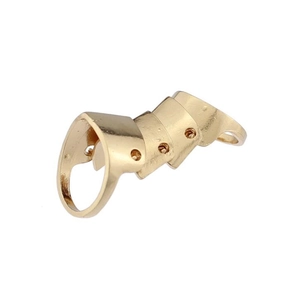 Detailed view of golden punk style finger armor ring with four flexible joint segments