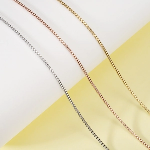 Polished stainless steel box chains in silver, rose gold, and gold finishes