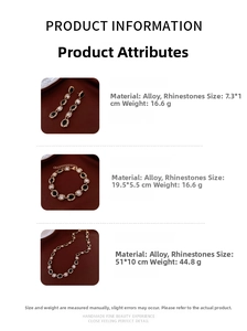 Detailed specs of vintage gold jewelry set with black rhinestones and dimensions