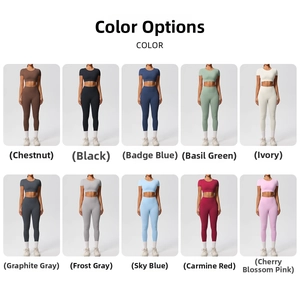 Detailed color chart of two-piece nylon yoga sets featuring short sleeve tops and leggings