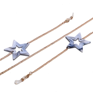 Golden metal eyewear chain with stylish marble texture acrylic star pendants and non-slip loops