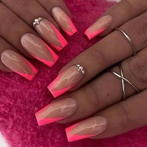 Unghie Finte Lunghe Coffin Press On Francese Forma A V Sfumate Rosa Nude Con Strass Zircone Lucide Donna