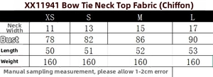 Size chart detail for halter neck top with bow tie featuring chiffon fabric measurements