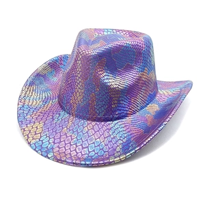 Western holographic snake skin pattern cowboy hat in gradient purple and blue colors