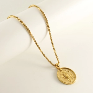 18k gold plated stainless steel religious oval pendant necklace with a polished box chain