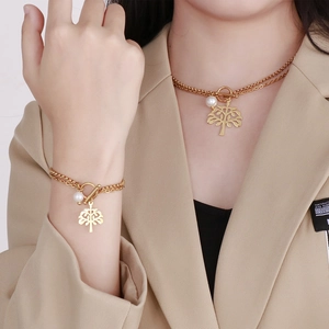 Golden double-layer Tree of Life necklace and bracelet set with pearl and OT buckle