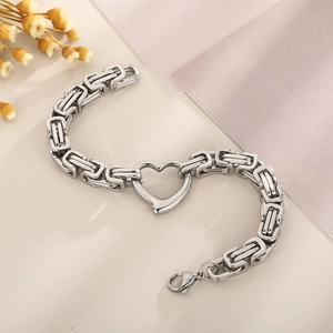 Byzantine stainless steel chain necklace and bracelet set with hollow heart pendant