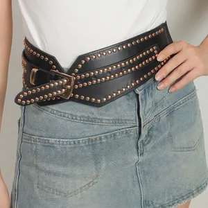 Women Wide Corset Belt Rivet Studded Elastic Stretch PU Leather Alloy Pin Buckle Punk Retro Style Fashion Waistband