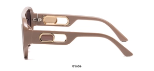 Side view of khaki oversized sunglasses featuring golden hollow metal temple accents