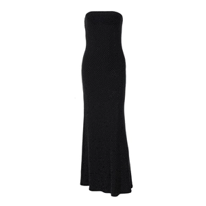 Robe longue bustier noire élégante avec strass scintillants et coupe ajustée tendance