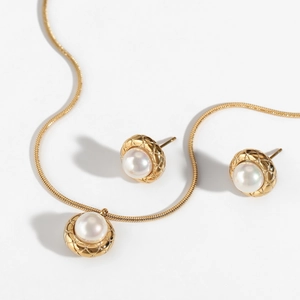 Stainless Steel Artificial Pearl Necklace And Earrings Jewelry Waterproof Non-tarnish Quilted Design Gold Plated Fashion
