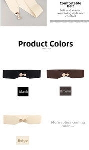 Close-up of elastic waist belt with metal round buckle in black brown and beige