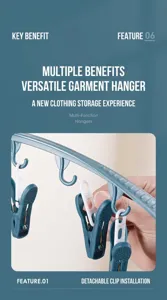 Détail d'un cintre bleu multifonctionnel à épaules larges avec clips détachables