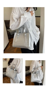 Three-way split view of silver quilted tote bag with top handle and long strap