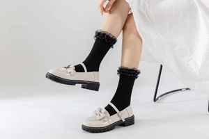 Détail de chaussures Mary Jane blanches à boucle cœur et chaussettes à bord dentelle