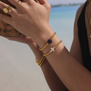 Handmade 18K gold-plated beaded cross bracelet and rings set for women beach vacation
