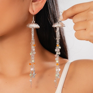 Boho jellyfish drop earrings with colorful beads and starfish tassels on silver hooks