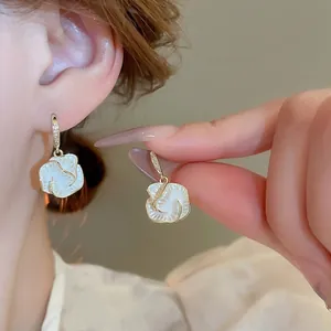 French Camellia Flower Drop Earrings Copper White Enamel Gold Plated Zircon Inlaid Elegant Refined Jewelry Women