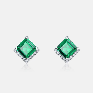 Elegant S925 silver stud earrings with square emerald-green stones and micro-pave diamonds