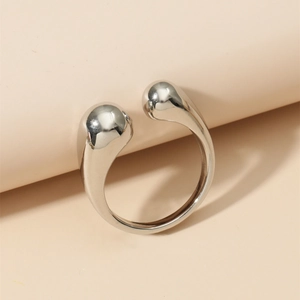 Modern silver adjustable open ring with liquid metal sphere design in minimalist style