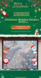 Window display showing Santa Claus and Reindeer static cling stickers for Christmas decor