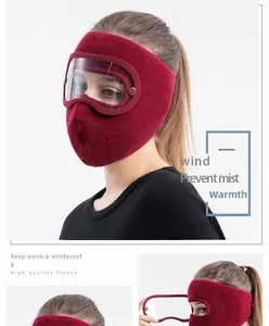 Detail of burgundy fleece winter face mask with detachable anti-fog goggles for cycling