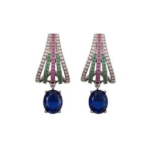 Vintage silver earrings featuring blue oval zircon pendants with colorful gemstone accents